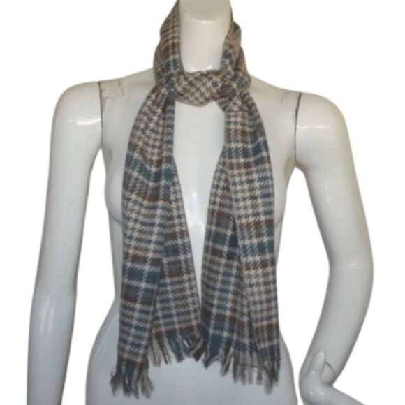 Wooly scarf, 8 x 56, Plaid w/Houndstooth, Fringe, Off-white, Gray, brown - Picture 3 of 6
